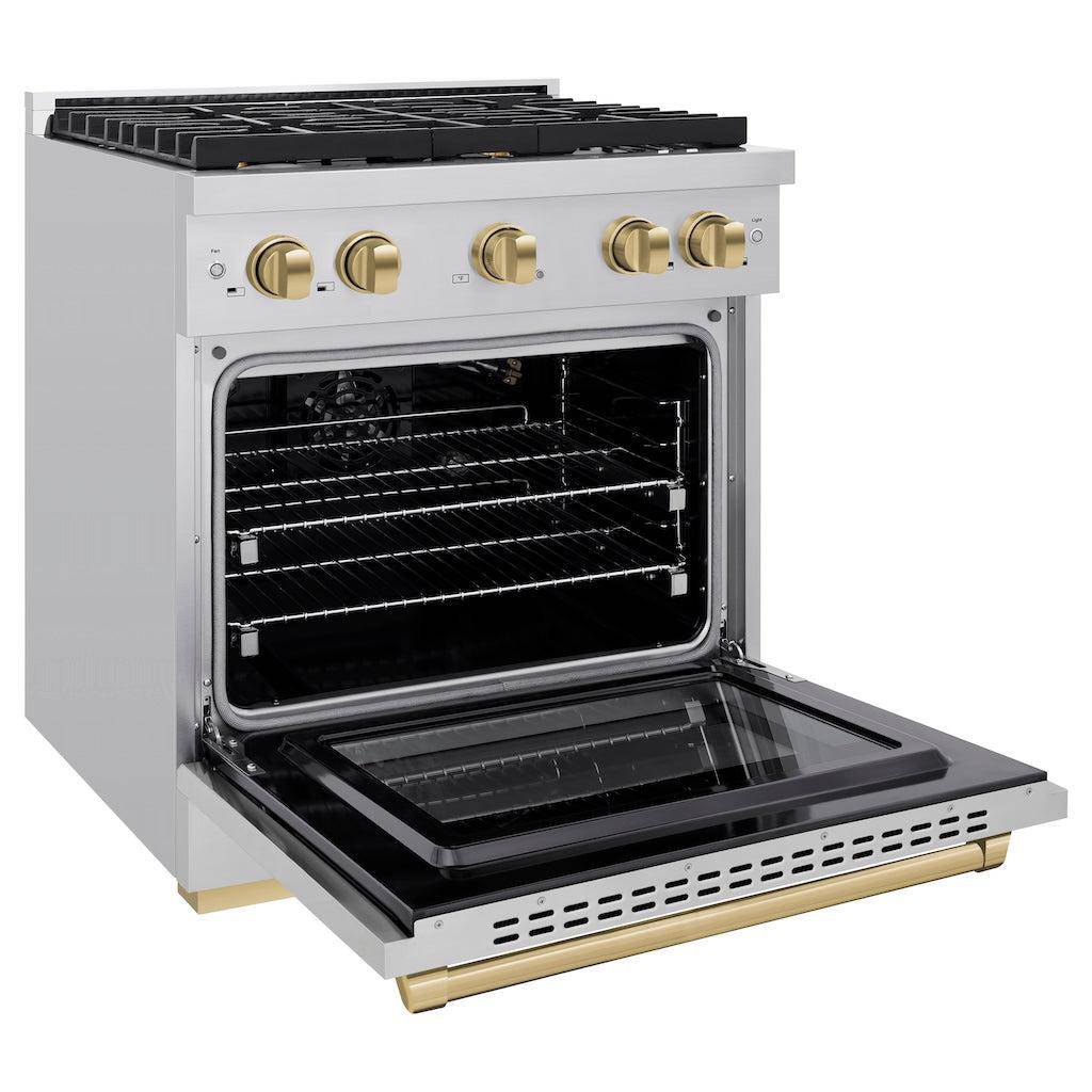 ZLINE Autograph Edition 30 in. 4.2 cu. ft. Paramount Gas Range with 4 Burner Cooktop and Convection Gas Oven in Stainless Steel and Polished Gold Accents (SGRZ-30-G) - KB&A The Home Improvement Store
