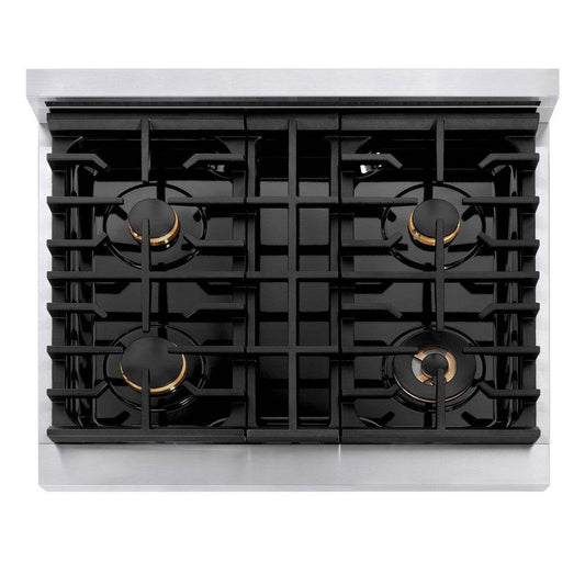 ZLINE Autograph Edition 30 in. 4.2 cu. ft. Paramount Gas Range with 4 Burner Cooktop and Convection Gas Oven in Stainless Steel and Champagne Bronze Accents (SGRZ-30-CB) - KB&A The Home Improvement Store