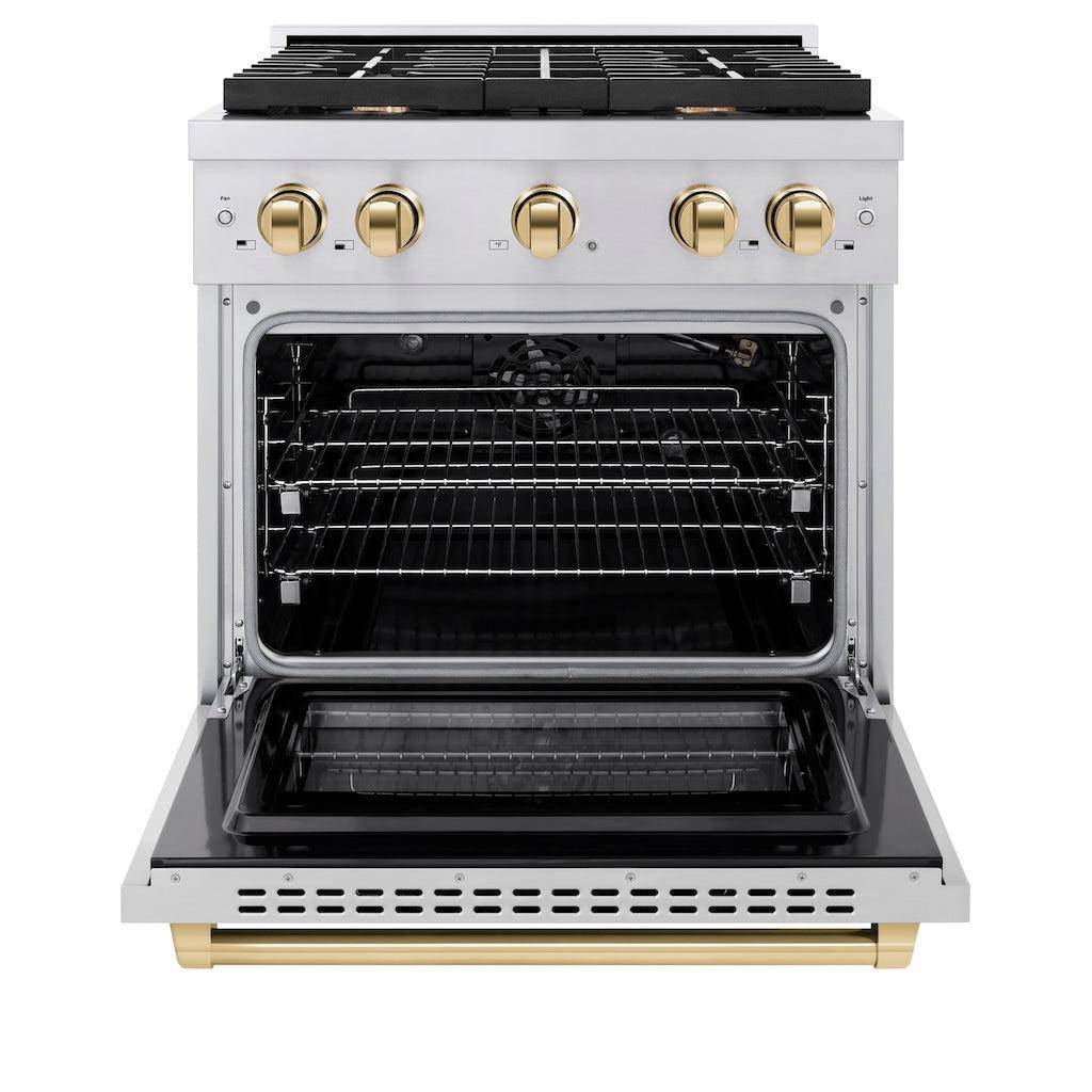 ZLINE Autograph Edition 30 in. 4.2 cu. ft. Paramount Gas Range with 4 Burner Cooktop and Convection Gas Oven in Stainless Steel and Polished Gold Accents (SGRZ-30-G) - KB&A The Home Improvement Store