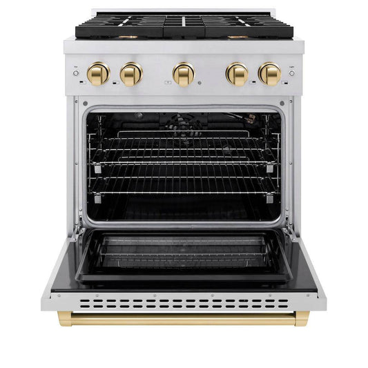 ZLINE Autograph Edition 30 in. 4.2 cu. ft. Paramount Gas Range with 4 Burner Cooktop and Convection Gas Oven in Stainless Steel and Polished Gold Accents (SGRZ-30-G) - KB&A The Home Improvement Store