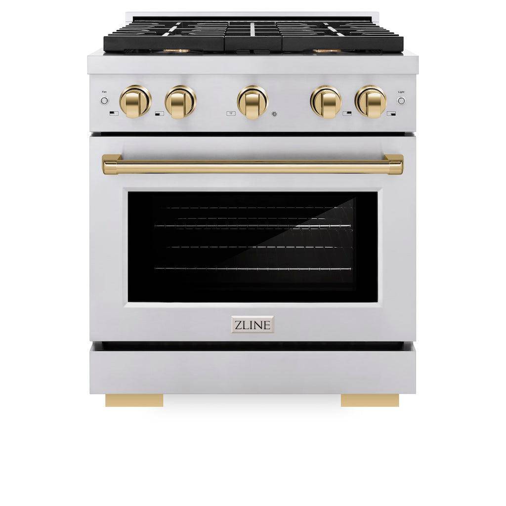 ZLINE Autograph Edition 30 in. 4.2 cu. ft. Paramount Gas Range with 4 Burner Cooktop and Convection Gas Oven in Stainless Steel and Polished Gold Accents (SGRZ-30-G) - KB&A The Home Improvement Store