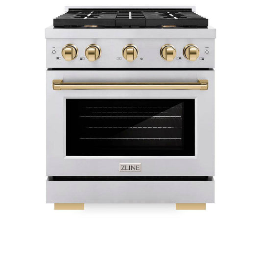 ZLINE Autograph Edition 30 in. 4.2 cu. ft. Paramount Gas Range with 4 Burner Cooktop and Convection Gas Oven in Stainless Steel and Polished Gold Accents (SGRZ-30-G) - KB&A The Home Improvement Store