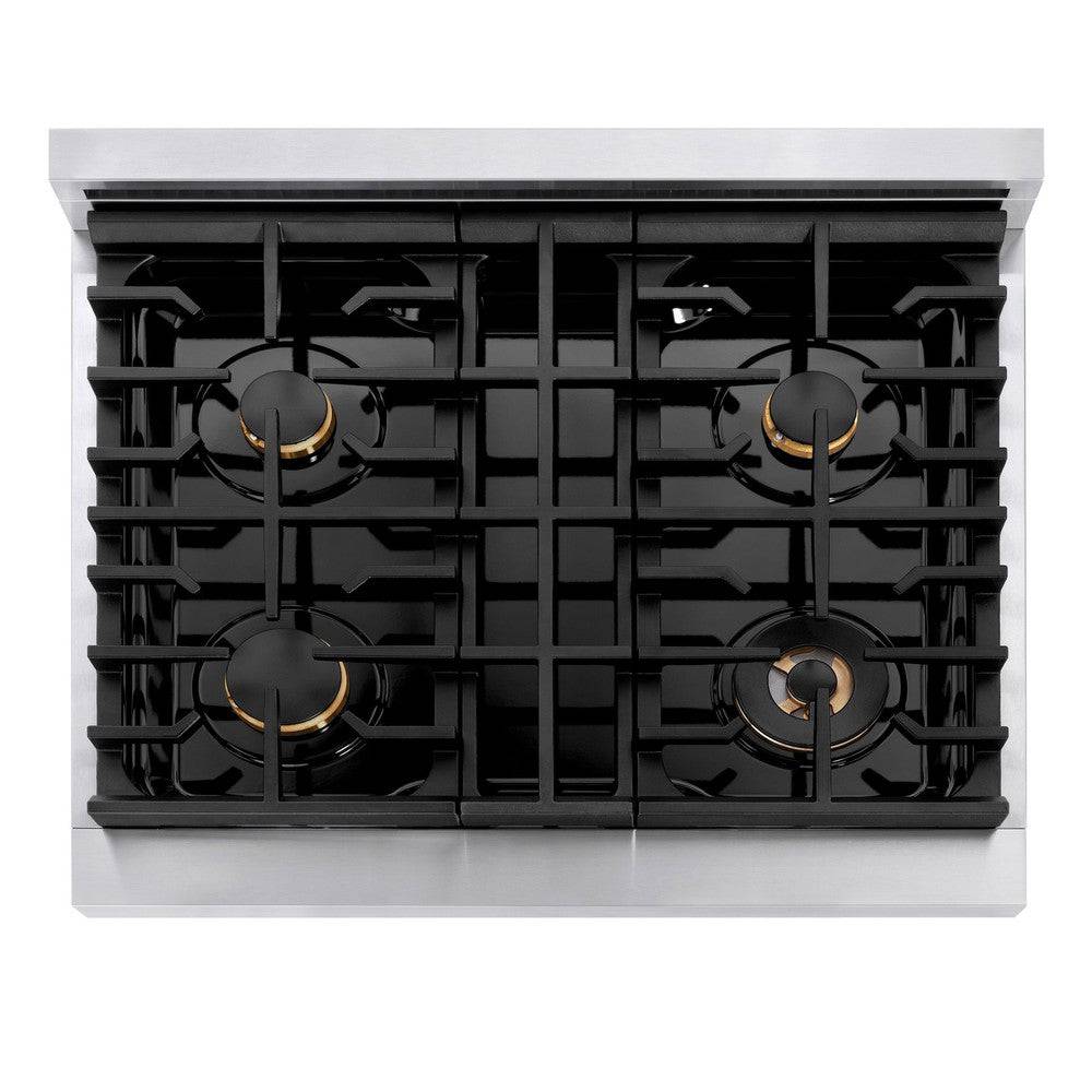 ZLINE Autograph Edition 30 in. 4.2 cu. ft. Paramount Gas Range with 4 Burner Cooktop and Convection Gas Oven in Stainless Steel and Polished Gold Accents (SGRZ-30-G) - KB&A The Home Improvement Store