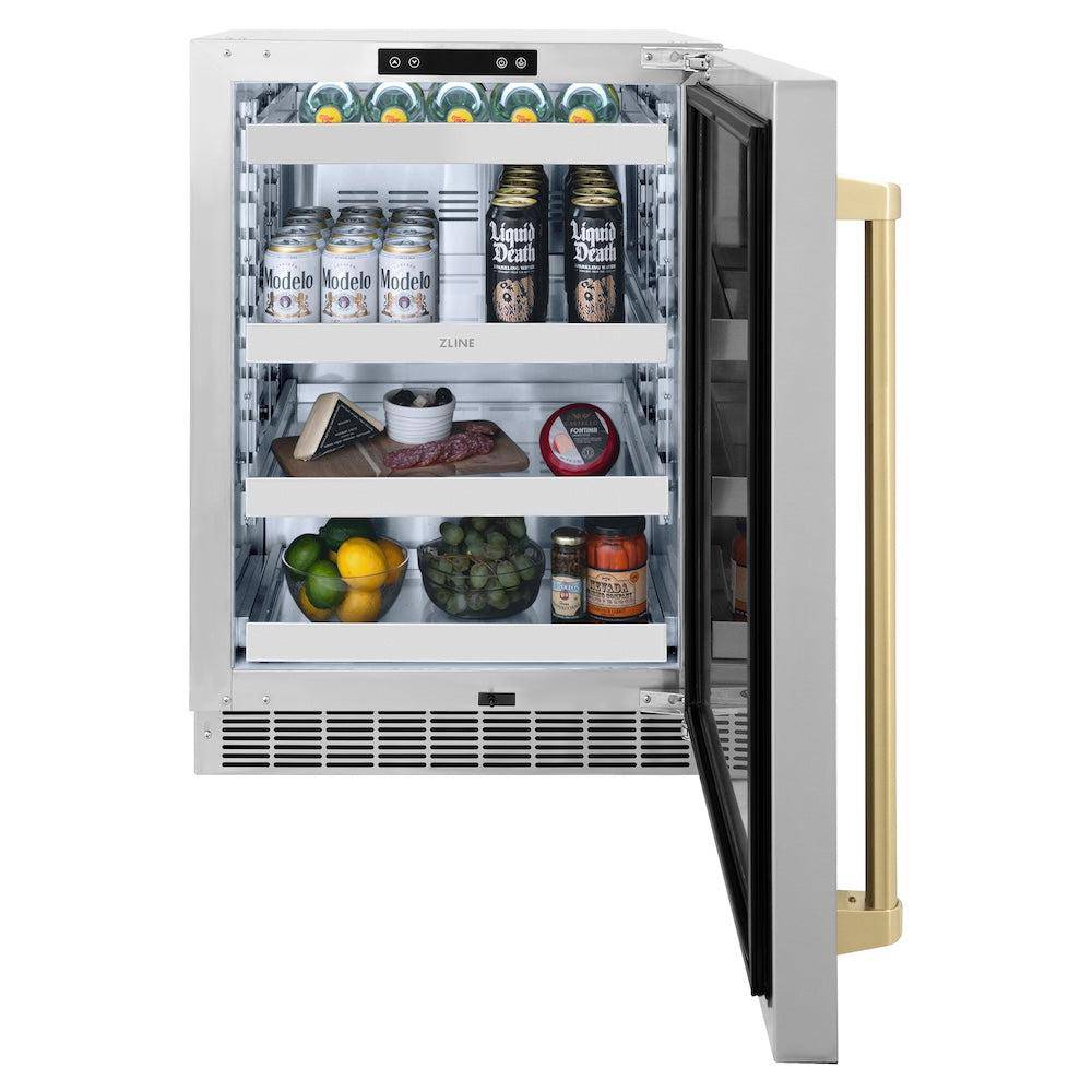 ZLINE Autograph Edition 24 in. Touchstone 151 Can Beverage Fridge With Solid Stainless Steel Door And Champagne Bronze Handle (RBSOZ-ST-24-CB) - KB&A The Home Improvement Store