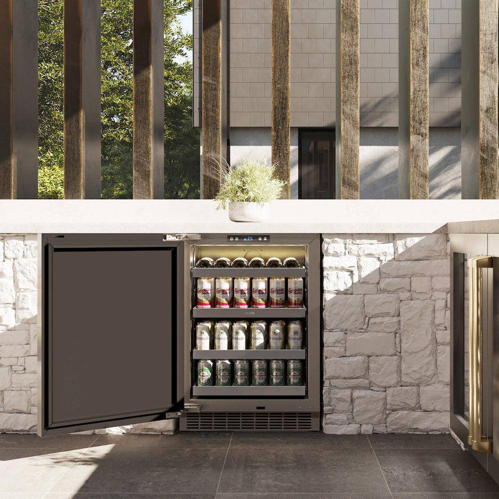 ZLINE Autograph Edition 24 in. Touchstone 151 Can Beverage Fridge With Solid Stainless Steel Door And Champagne Bronze Handle (RBSOZ-ST-24-CB) - KB&A The Home Improvement Store
