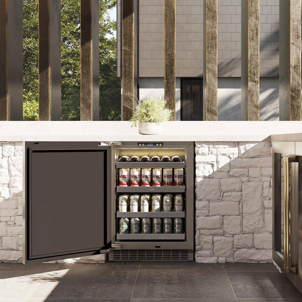 ZLINE Autograph Edition 24 in. Touchstone 151 Can Beverage Fridge With Solid Stainless Steel Door And Polished Gold Handle (RBSOZ-ST-24-G) - KB&A The Home Improvement Store