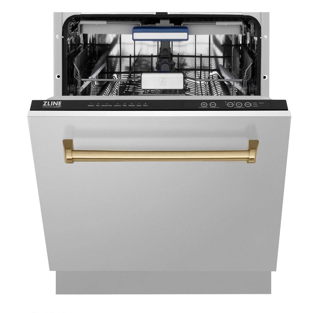 ZLINE Autograph Edition 24 in. 3rd Rack Top Control Tall Tub Dishwasher in Stainless Steel with Champagne Bronze Handle, 51dBa (DWVZ-304-24-CB) - KB&A The Home Improvement Store