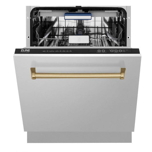 ZLINE Autograph Edition 24 in. 3rd Rack Top Control Tall Tub Dishwasher in Stainless Steel with Champagne Bronze Handle, 51dBa (DWVZ-304-24-CB) - KB&A The Home Improvement Store