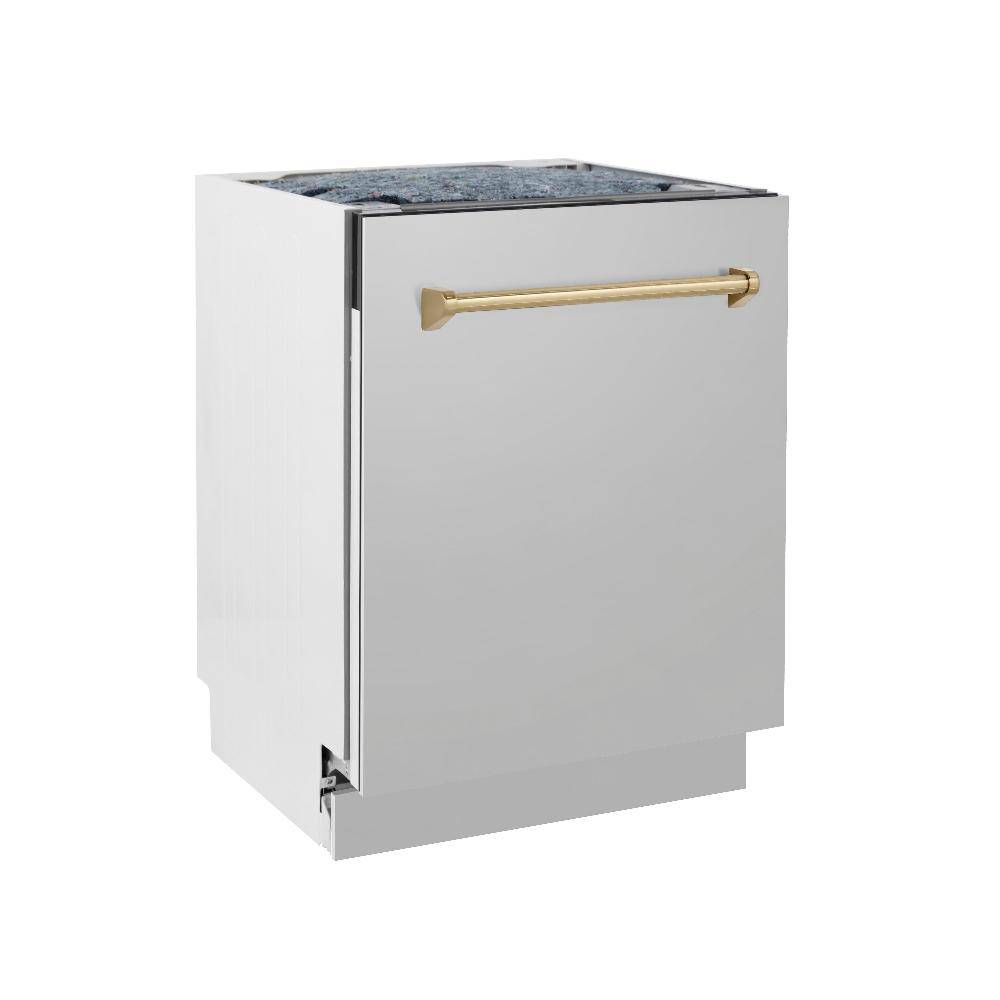 ZLINE Autograph Edition 24 in. 3rd Rack Top Control Tall Tub Dishwasher in Stainless Steel with Champagne Bronze Handle, 51dBa (DWVZ-304-24-CB) - KB&A The Home Improvement Store