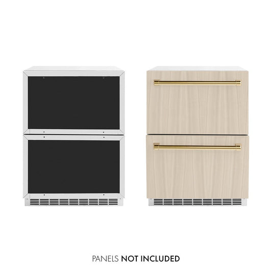 ZLINE Autograph Edition 24 in. Touchstone 168 Can Outdoor-Rated Dual Refrigerator Drawer with Panel-Ready Doors and Polished Gold Handles (RDSPOZ-24-G) - KB&A The Home Improvement Store
