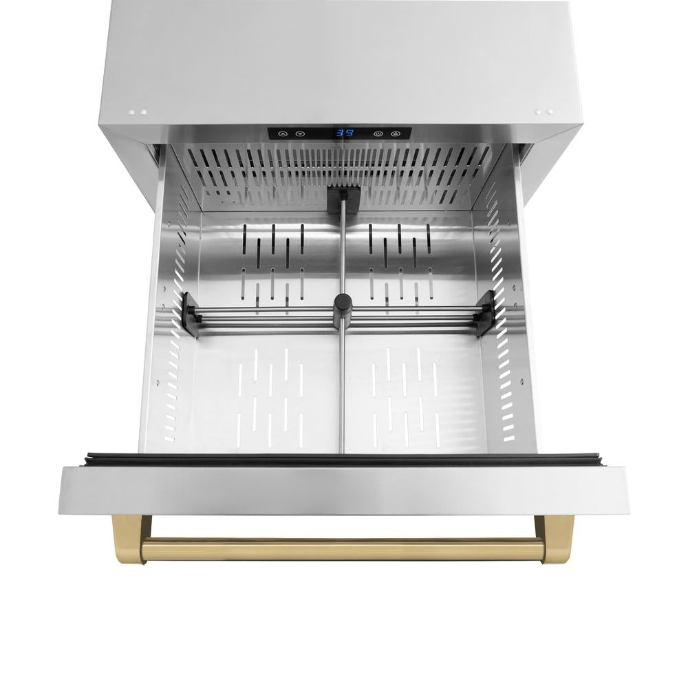ZLINE Autograph Edition 24 in. Touchstone 168 Can Outdoor-Rated Dual Refrigerator Drawer with Stainless Steel Doors and Champagne Bronze Handles (RDSOZ-ST-24-CB) - KB&A The Home Improvement Store
