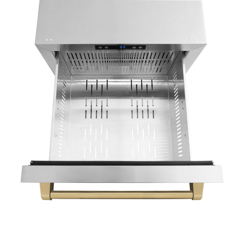 ZLINE Autograph Edition 24 in. Touchstone 168 Can Outdoor-Rated Dual Refrigerator Drawer with Stainless Steel Doors and Champagne Bronze Handles (RDSOZ-ST-24-CB) - KB&A The Home Improvement Store