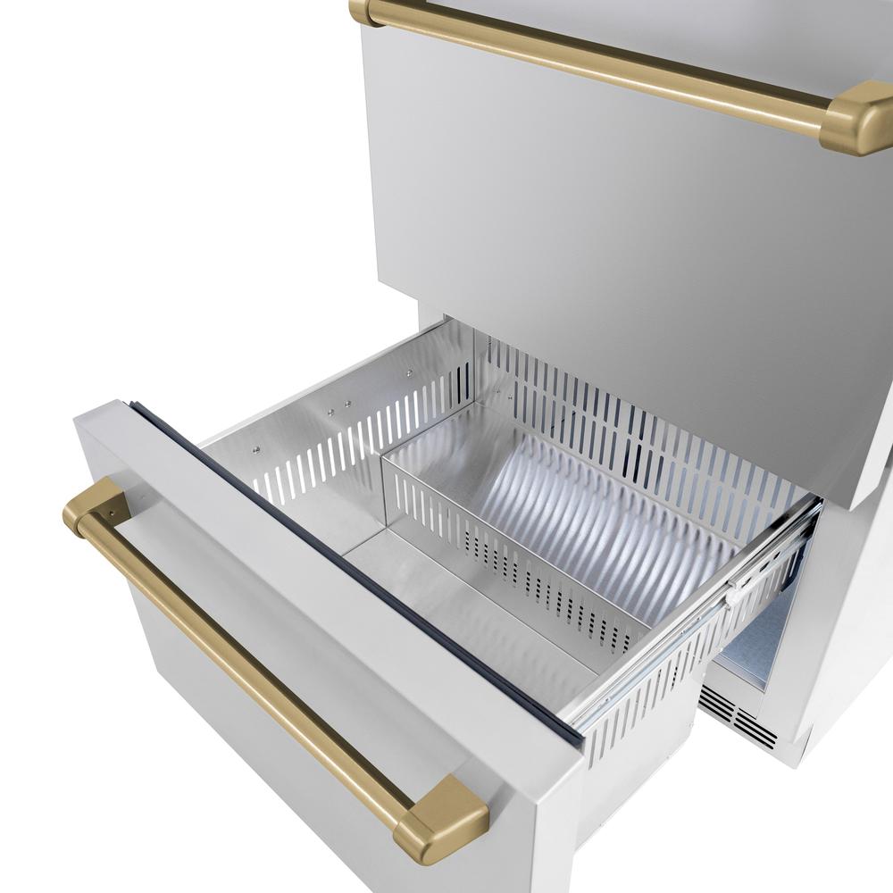ZLINE Autograph Edition 24 in. Touchstone 168 Can Outdoor-Rated Dual Refrigerator Drawer with Stainless Steel Doors and Champagne Bronze Handles (RDSOZ-ST-24-CB) - KB&A The Home Improvement Store