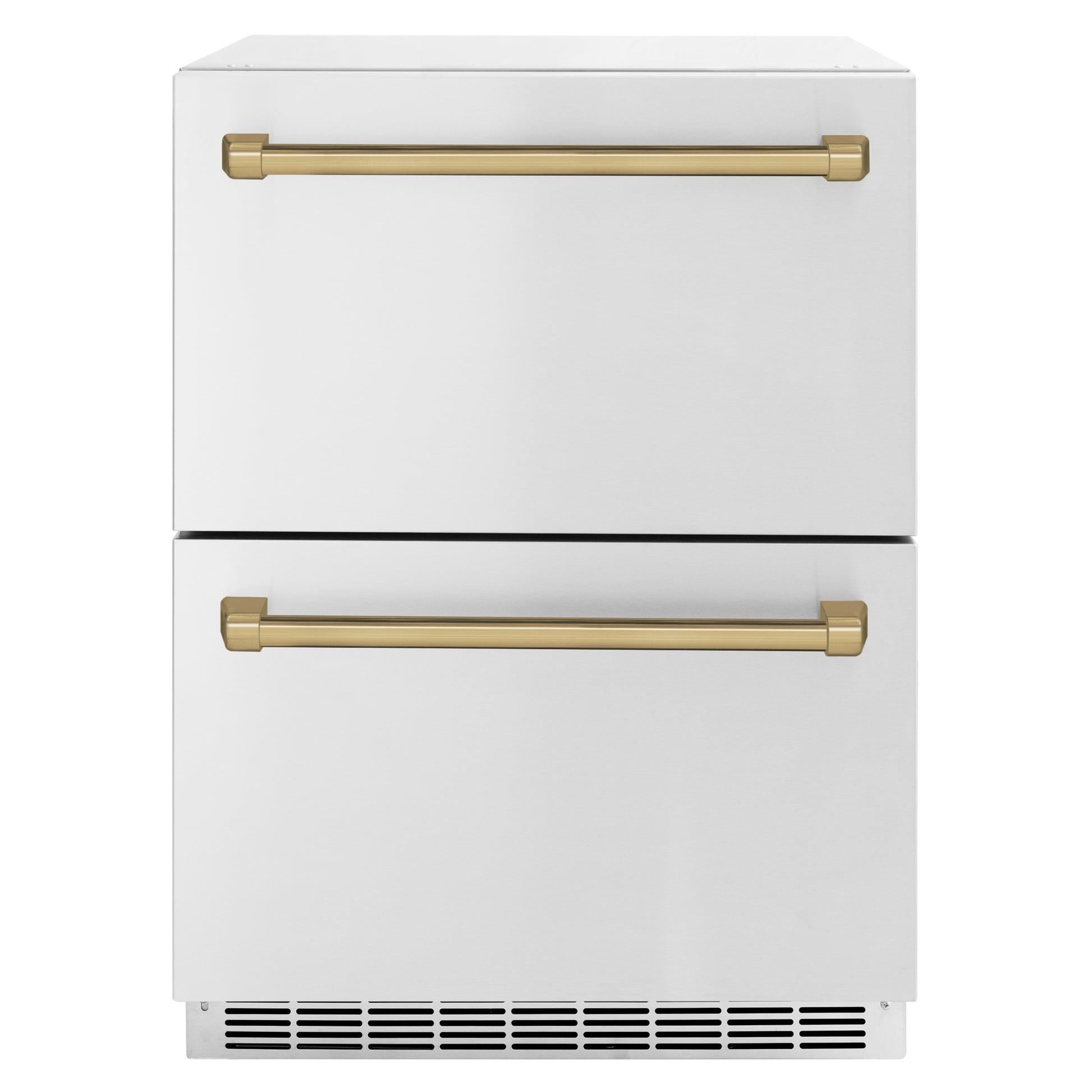 ZLINE Autograph Edition 24 in. Touchstone 168 Can Outdoor-Rated Dual Refrigerator Drawer with Stainless Steel Doors and Champagne Bronze Handles (RDSOZ-ST-24-CB) - KB&A The Home Improvement Store