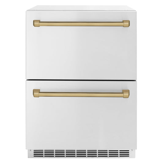 ZLINE Autograph Edition 24 in. Touchstone 168 Can Outdoor-Rated Dual Refrigerator Drawer with Stainless Steel Doors and Champagne Bronze Handles (RDSOZ-ST-24-CB) - KB&A The Home Improvement Store