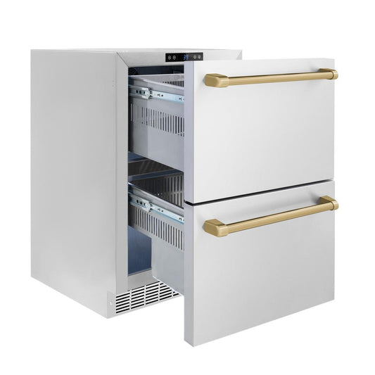 ZLINE Autograph Edition 24 in. Touchstone 168 Can Outdoor-Rated Dual Refrigerator Drawer with Stainless Steel Doors and Champagne Bronze Handles (RDSOZ-ST-24-CB) - KB&A The Home Improvement Store