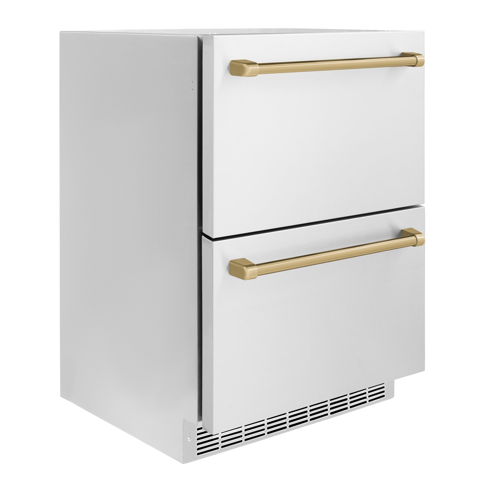 ZLINE Autograph Edition 24 in. Touchstone 168 Can Outdoor-Rated Dual Refrigerator Drawer with Stainless Steel Doors and Champagne Bronze Handles (RDSOZ-ST-24-CB) - KB&A The Home Improvement Store