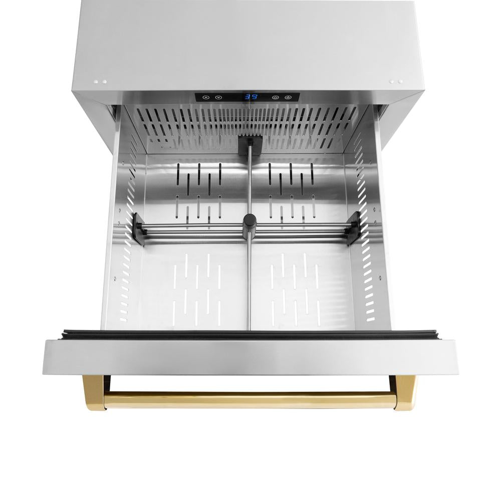ZLINE Autograph Edition 24 in. Touchstone 168 Can Outdoor-Rated Dual Refrigerator Drawer with Stainless Steel Doors and Polished Gold Handles (RDSOZ-ST-24-G) - KB&A The Home Improvement Store