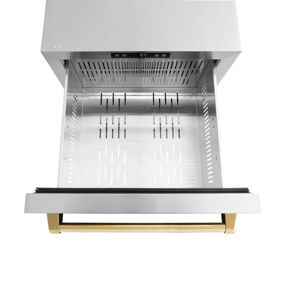 ZLINE Autograph Edition 24 in. Touchstone 168 Can Outdoor-Rated Dual Refrigerator Drawer with Stainless Steel Doors and Polished Gold Handles (RDSOZ-ST-24-G) - KB&A The Home Improvement Store