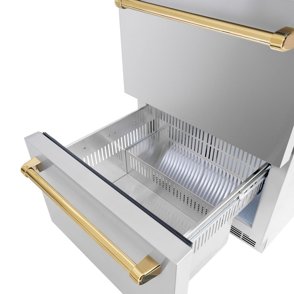 ZLINE Autograph Edition 24 in. Touchstone 168 Can Outdoor-Rated Dual Refrigerator Drawer with Stainless Steel Doors and Polished Gold Handles (RDSOZ-ST-24-G) - KB&A The Home Improvement Store