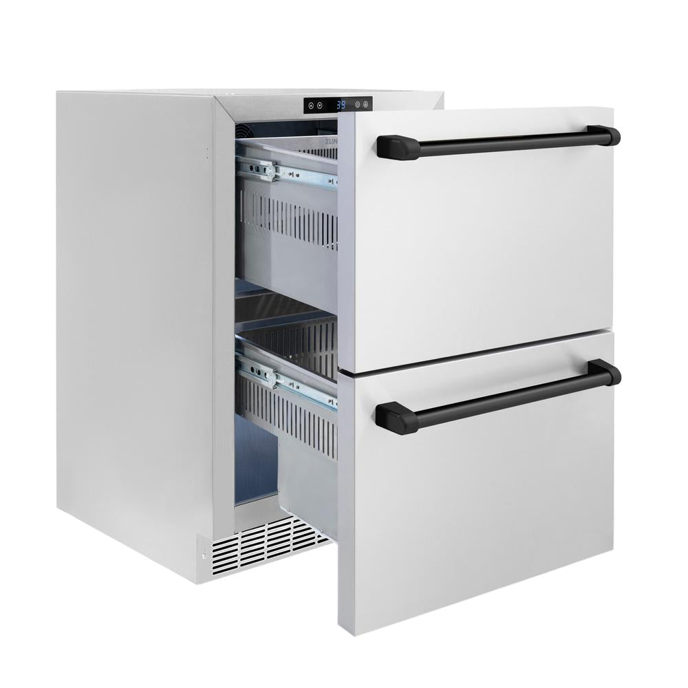 ZLINE Autograph Edition 24 in. Touchstone 168 Can Outdoor-Rated Dual Refrigerator Drawer with Stainless Steel Doors and Matte Black Handles (RDSOZ-ST-24-MB) - KB&A The Home Improvement Store