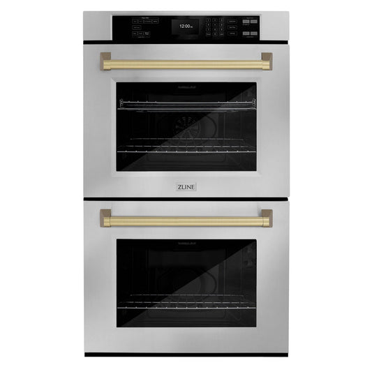 ZLINE 30 in. Autograph Edition Professional True Convection Double Wall Oven with Air Fry and Self Clean in Stainless Steel with Champagne Bronze Handles (WADZ-30-CB) - KB&A The Home Improvement Store