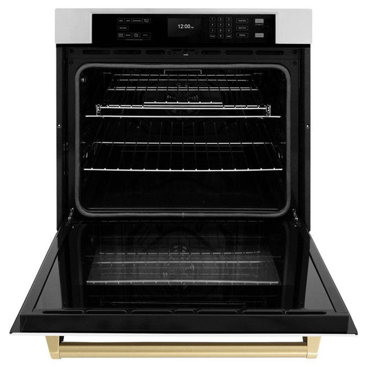 ZLINE 30 in. Autograph Edition Professional True Convection Single Wall Oven with Air Fry and Self Clean in Stainless Steel with White Matte Door and Champagne Bronze Handle (WASZ-WM-30-CB) - KB&A The Home Improvement Store