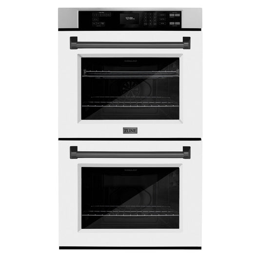 ZLINE 30 in. Autograph Edition Professional True Convection Double Wall Oven with Air Fry and Self Clean in Stainless Steel with White Matte Doors and Matte Black Handles (WADZ-WM-30-MB) - KB&A The Home Improvement Store