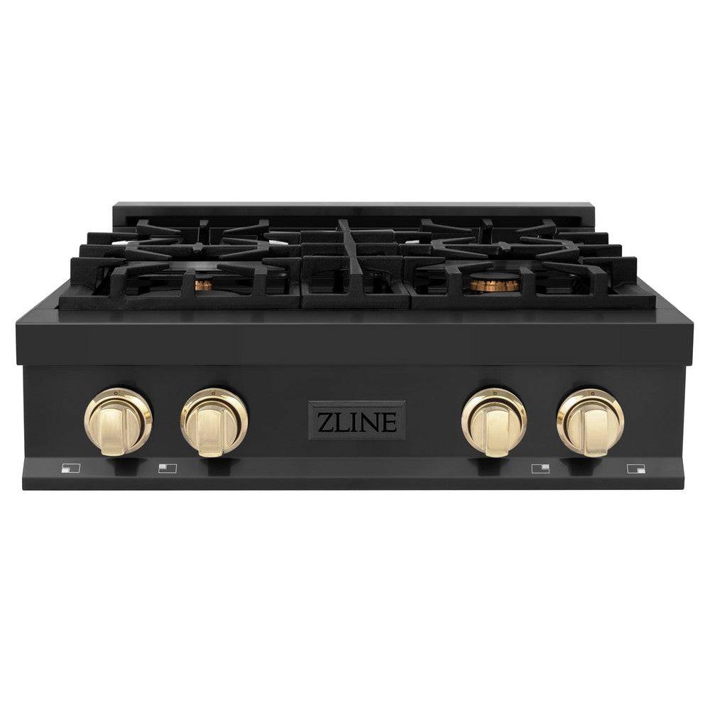 ZLINE Autograph Edition 30 in. Porcelain Rangetop with 4 Gas Burners in Black Stainless Steel and Polished Gold Accents (RTBZ-30-G) - KB&A The Home Improvement Store