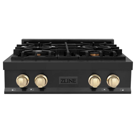 ZLINE Autograph Edition 30 in. Porcelain Rangetop with 4 Gas Burners in Black Stainless Steel and Polished Gold Accents (RTBZ-30-G) - KB&A The Home Improvement Store
