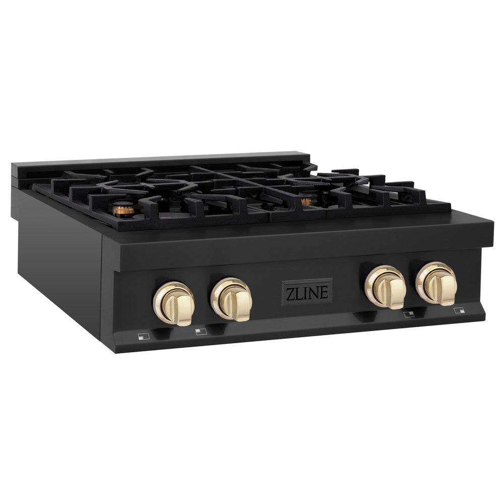 ZLINE Autograph Edition 30 in. Porcelain Rangetop with 4 Gas Burners in Black Stainless Steel and Polished Gold Accents (RTBZ-30-G) - KB&A The Home Improvement Store