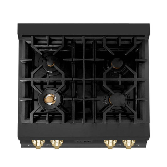 ZLINE Autograph Edition 30 in. Porcelain Rangetop with 4 Gas Burners in Black Stainless Steel and Polished Gold Accents (RTBZ-30-G) - KB&A The Home Improvement Store