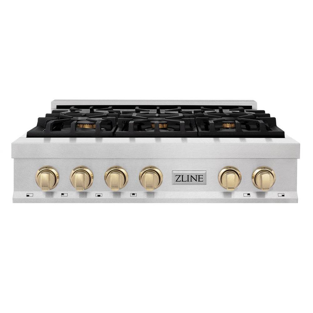 ZLINE Autograph Edition 36" Porcelain Rangetop with 6 Gas Burners in Fingerprint Resistant Stainless Steel and Polished Gold Accents (RTSZ-36-G) - KB&A The Home Improvement Store