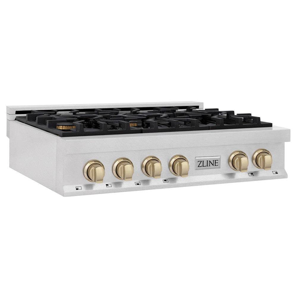 ZLINE Autograph Edition 36" Porcelain Rangetop with 6 Gas Burners in Fingerprint Resistant Stainless Steel and Polished Gold Accents (RTSZ-36-G) - KB&A The Home Improvement Store