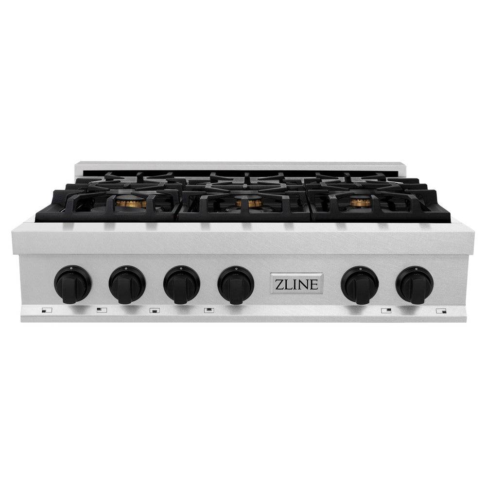ZLINE Autograph Edition 36" Porcelain Rangetop with 6 Gas Burners in Fingerprint Resistant Stainless Steel and Matte Black Accents (RTSZ-36-MB) - KB&A The Home Improvement Store