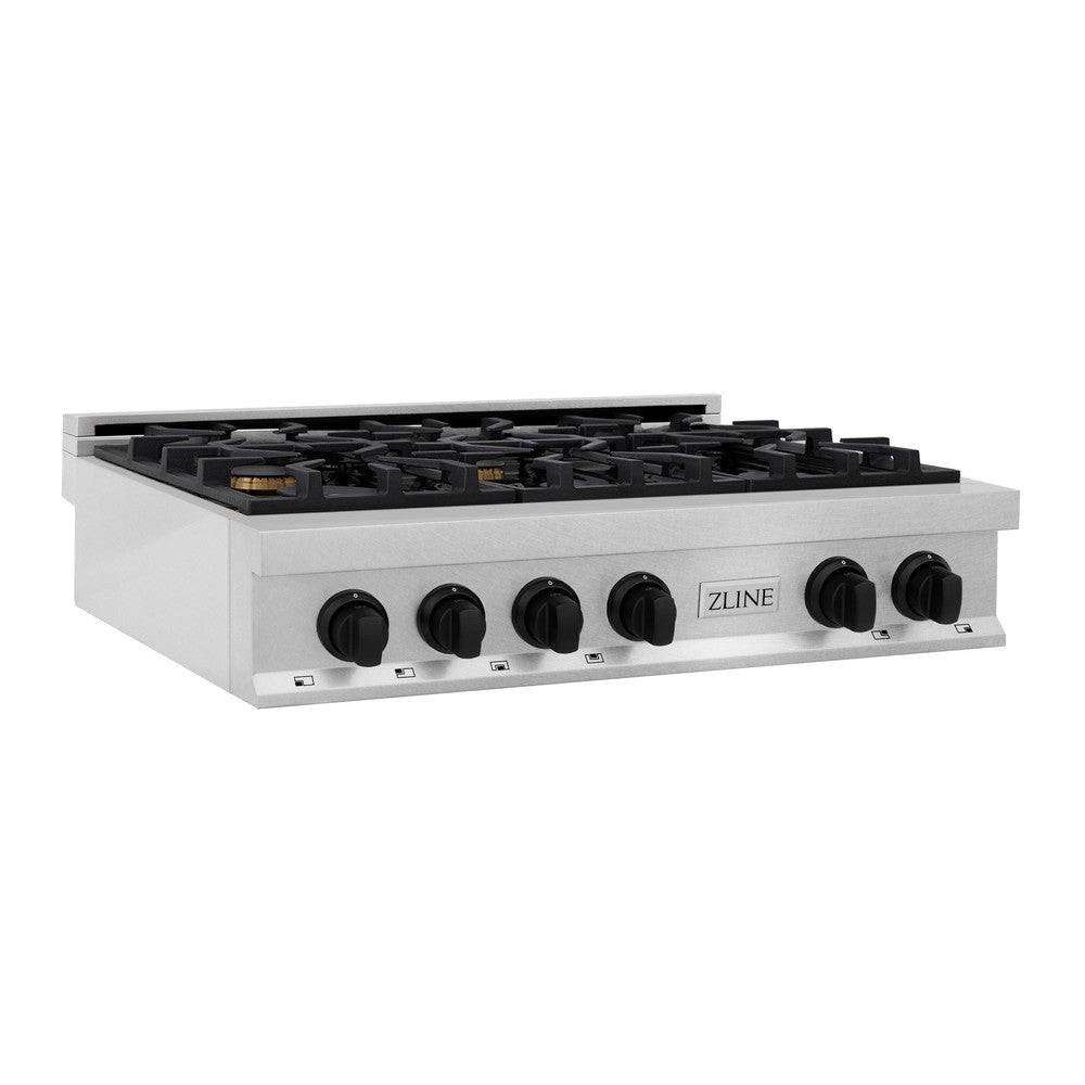 ZLINE Autograph Edition 36" Porcelain Rangetop with 6 Gas Burners in Fingerprint Resistant Stainless Steel and Matte Black Accents (RTSZ-36-MB) - KB&A The Home Improvement Store