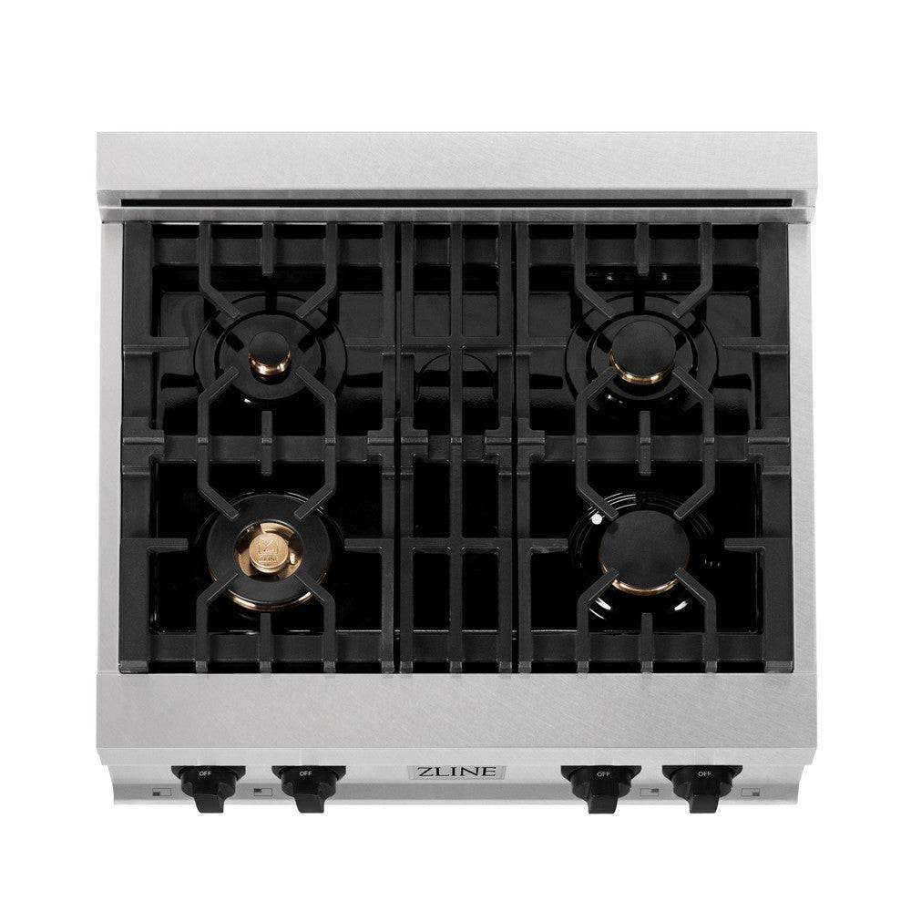 ZLINE Autograph Edition 30 in. Porcelain Rangetop with 4 Gas Burners in DuraSnow® Stainless Steel with Matte Black Accents (RTSZ-30-MB) - KB&A The Home Improvement Store