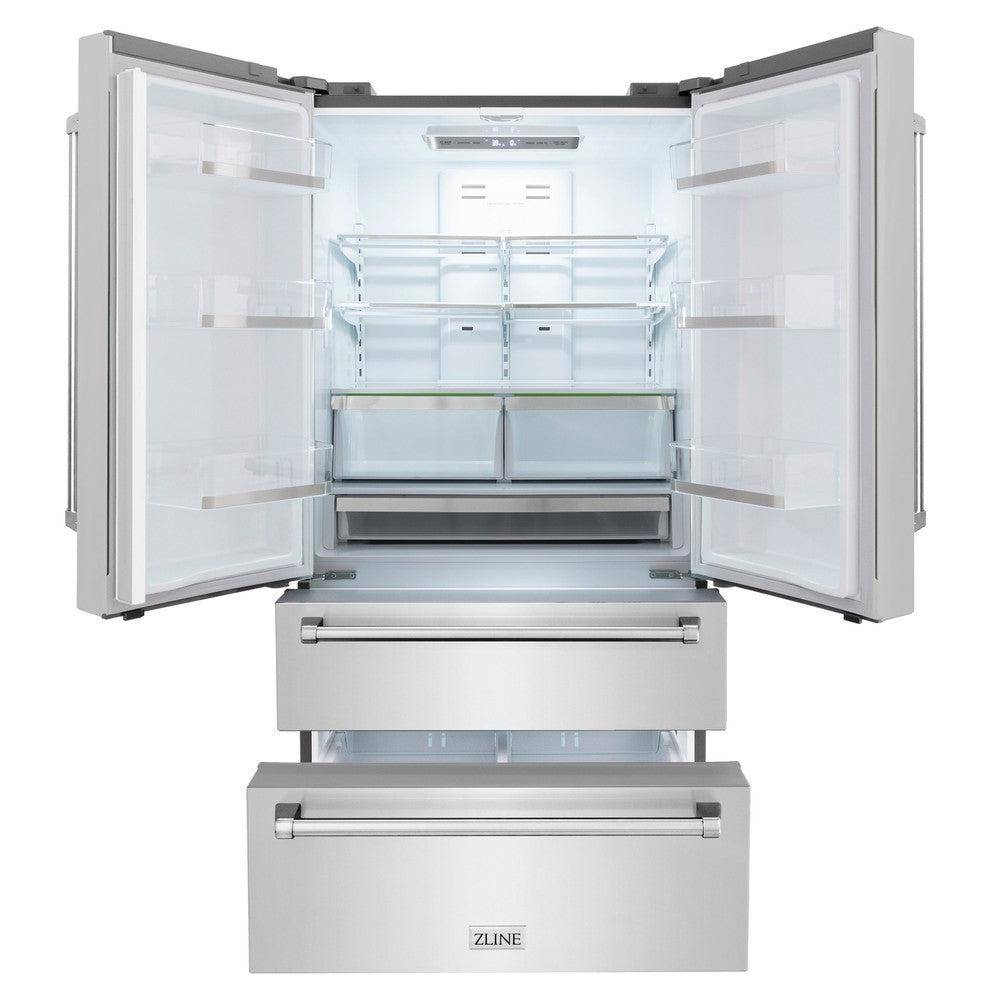 ZLINE 36 in. 21.6 cu. ft 4-Door French Door Refrigerator with Water and Ice Dispenser in Fingerprint Resistant Stainless Steel (RFM-W-36) - KB&A The Home Improvement Store