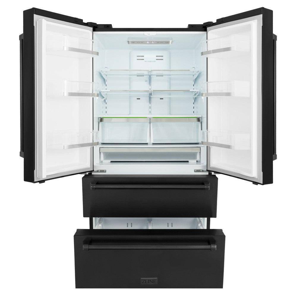 ZLINE 36 in. 21.6 cu. ft 4-Door French Door Refrigerator with Water and Ice Dispenser in Fingerprint Resistant Black Stainless Steel (RFM-W-36-BS) - KB&A The Home Improvement Store