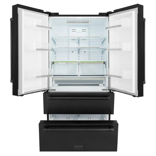 ZLINE 36 in. 21.6 cu. ft 4-Door French Door Refrigerator with Water and Ice Dispenser in Fingerprint Resistant Black Stainless Steel (RFM-W-36-BS) - KB&A The Home Improvement Store
