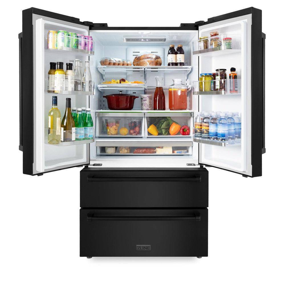 ZLINE 36 in. 21.6 cu. ft 4-Door French Door Refrigerator with Water and Ice Dispenser in Fingerprint Resistant Black Stainless Steel (RFM-W-36-BS) - KB&A The Home Improvement Store