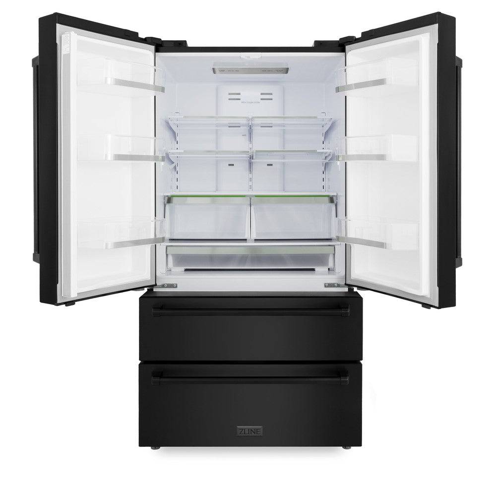 ZLINE 36 in. 21.6 cu. ft 4-Door French Door Refrigerator with Water and Ice Dispenser in Fingerprint Resistant Black Stainless Steel (RFM-W-36-BS) - KB&A The Home Improvement Store