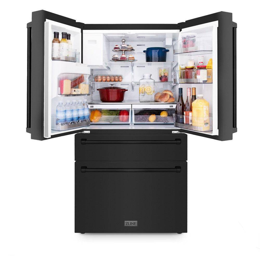 ZLINE 36 in. 21.6 cu. ft 4-Door French Door Refrigerator with Water and Ice Dispenser in Fingerprint Resistant Black Stainless Steel (RFM-W-36-BS) - KB&A The Home Improvement Store