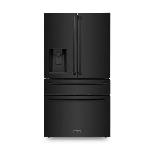 ZLINE 36 in. 21.6 cu. ft 4-Door French Door Refrigerator with Water and Ice Dispenser in Fingerprint Resistant Black Stainless Steel (RFM-W-36-BS) - KB&A The Home Improvement Store