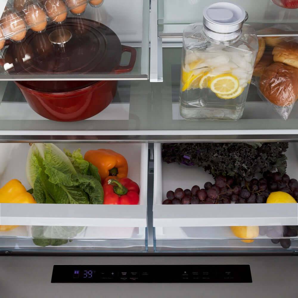 ZLINE Autograph Edition 36 in. 21.6 cu. ft. Counter-Depth French Door Refrigerator with Water and Ice Dispenser in Fingerprint-Resistant Stainless Steel with Champagne Bronze Traditional Handles (RFMZ-W-36-CB) - KB&A The Home Improvement Store