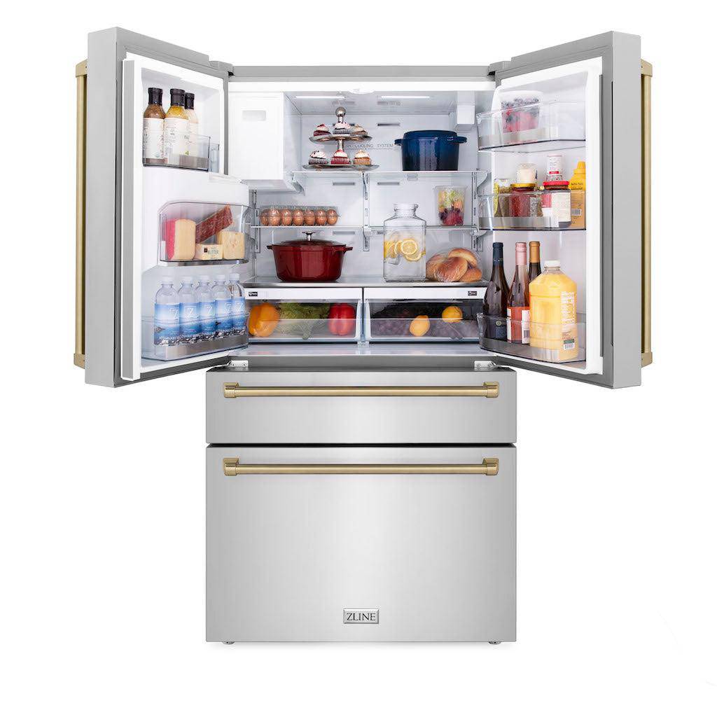 ZLINE Autograph Edition 36 in. 21.6 cu. ft. Counter-Depth French Door Refrigerator with Water and Ice Dispenser in Fingerprint-Resistant Stainless Steel with Champagne Bronze Traditional Handles (RFMZ-W-36-CB) - KB&A The Home Improvement Store