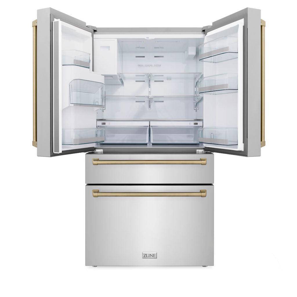 ZLINE Autograph Edition 36 in. 21.6 cu. ft. Counter-Depth French Door Refrigerator with Water and Ice Dispenser in Fingerprint-Resistant Stainless Steel with Champagne Bronze Traditional Handles (RFMZ-W-36-CB) - KB&A The Home Improvement Store
