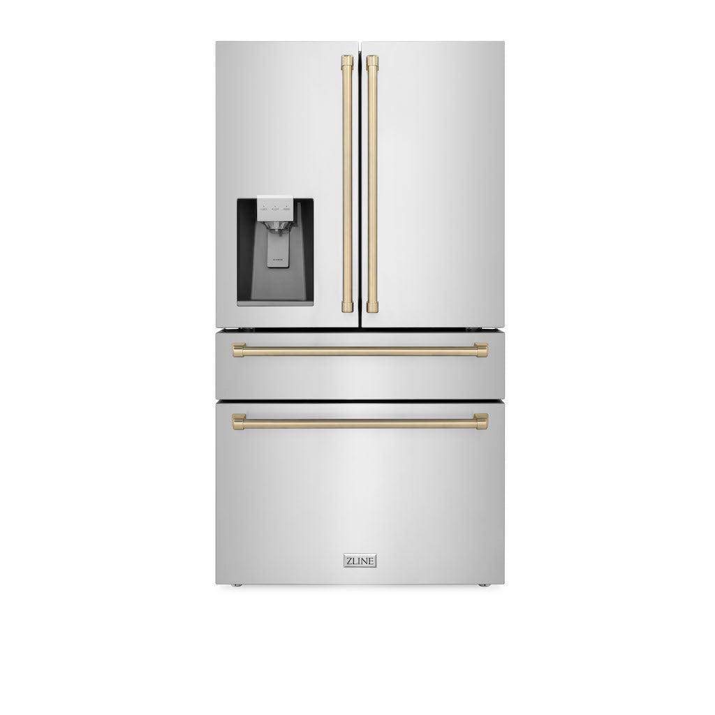 ZLINE Autograph Edition 36 in. 21.6 cu. ft. Counter-Depth French Door Refrigerator with Water and Ice Dispenser in Fingerprint-Resistant Stainless Steel with Champagne Bronze Traditional Handles (RFMZ-W-36-CB) - KB&A The Home Improvement Store