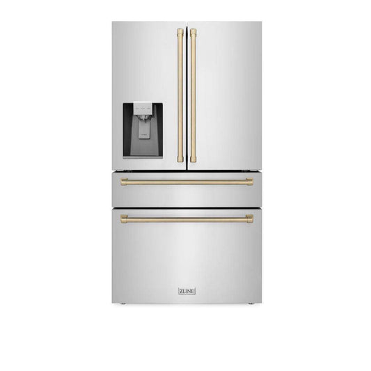 ZLINE Autograph Edition 36 in. 21.6 cu. ft. Counter-Depth French Door Refrigerator with Water and Ice Dispenser in Fingerprint-Resistant Stainless Steel with Champagne Bronze Traditional Handles (RFMZ-W-36-CB) - KB&A The Home Improvement Store