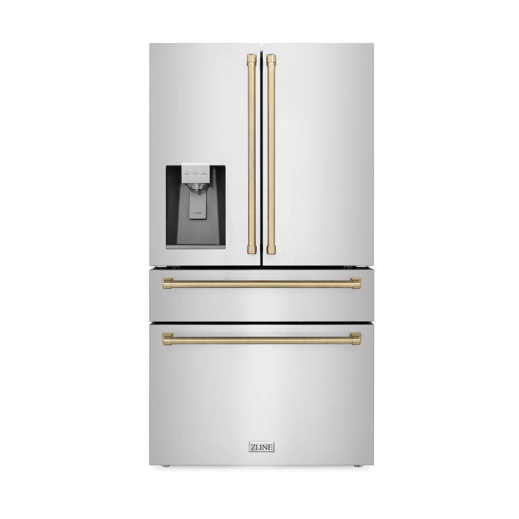 ZLINE Autograph Edition 36 in. 21.6 cu. ft. Counter-Depth French Door Refrigerator with Water and Ice Dispenser in Fingerprint-Resistant Stainless Steel with Champagne Bronze Traditional Handles (RFMZ-W-36-CB) - KB&A The Home Improvement Store